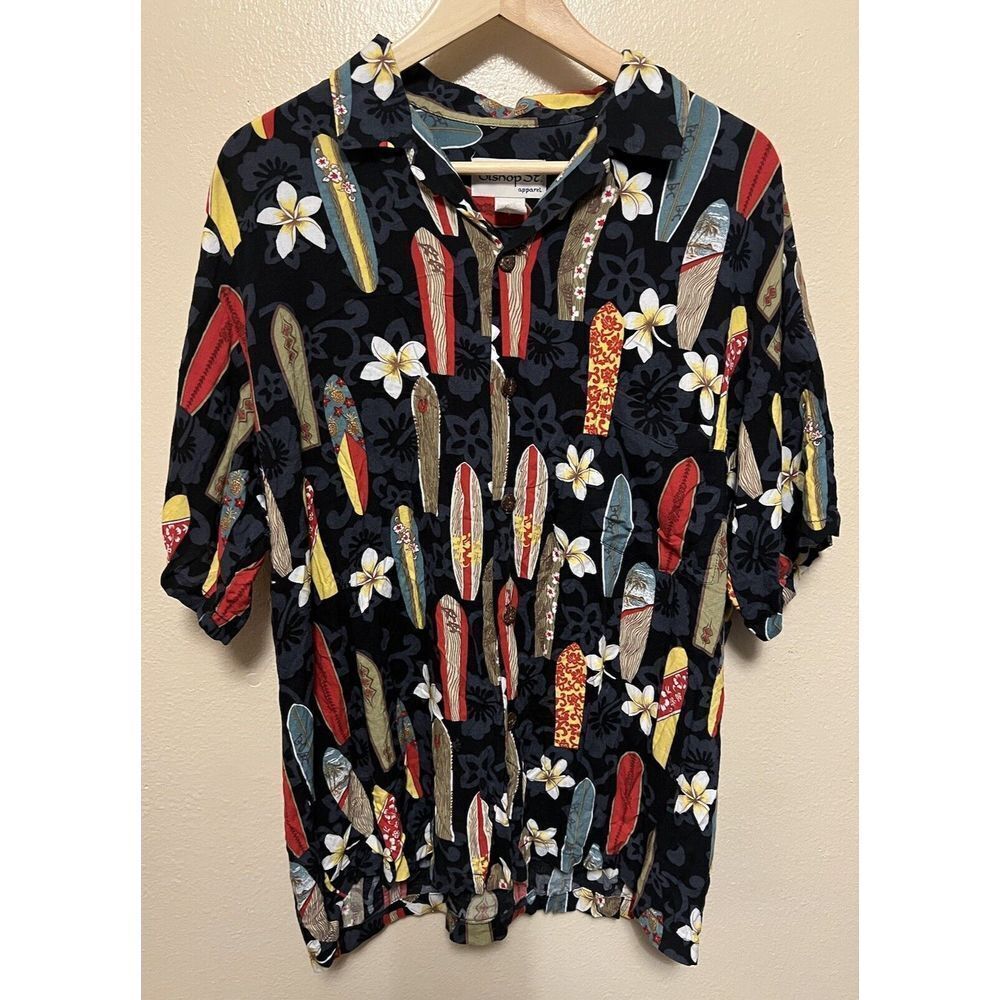 Vtg Bishop Street Hawaiian Shirt Surfboards Aloha Tropical Black Mens Size Large